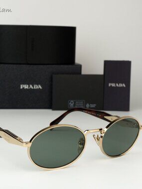 Prada Women Sunglasses Pale Gold Dark Green Oval Metal PR65ZS ZVN70L BRAND NEW